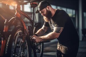 contento hombre fijación bicicleta en un bicicleta estante con generativo ai foto