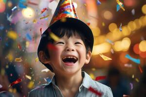 young boy smiling in party hat and holding a confetti with Generative AI photo