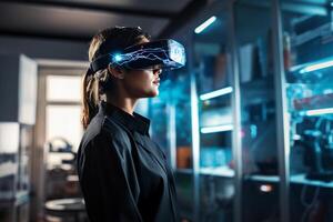 a female scientist in a room in a laboratory with virtual reality glasses with photo