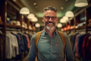 a happy man looking fashion and choosing them in a modern shopping store with Generative AI photo