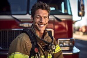 un sonriente masculino bombero en frente de el fuego camión con generativo ai foto