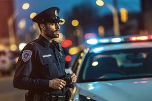 male police officer speaking on the radio with police car behind him with Generative AI photo