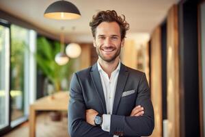 smiling male Real Estate Agent in a suit stands in new home with Generative AI photo