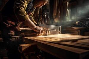 carpintero utilizando un Sierra en madera en el taller con generativo ai foto