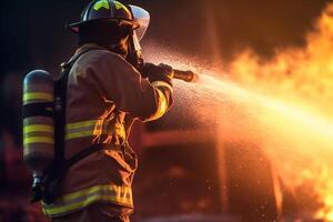 firefighter spraying hose on the fire at fire with Generative AI photo