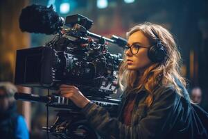 female director speaks on the set of a movie production with photo