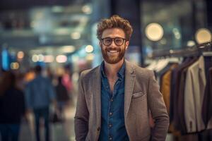 a happy man looking fashion and choosing them in a modern shopping store with Generative AI photo