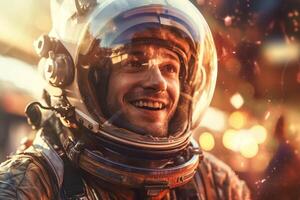 a happy astronaut man in space helmet and space theme with photo
