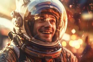 a happy astronaut man in space helmet and space theme with Generative AI photo