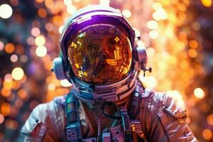 a happy astronaut man in space helmet and space theme with photo