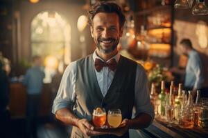 a happy male waiter holding tray with a cocktail with Generative AI photo