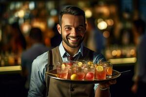 a happy male waiter holding tray with a cocktail with Generative AI photo