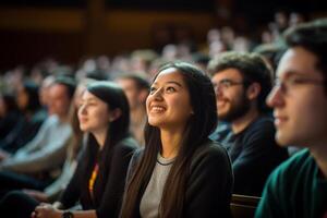 students listening to lecture at a lecture theatre with photo