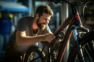 happy man fixing bicycle on a bicycle rack with Generative AI photo