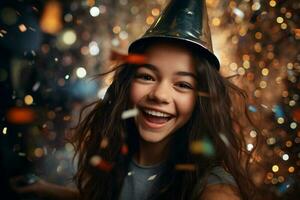 young beautiful girl smiling in party hat and holding a confetti with Generative AI photo