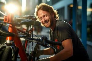 contento hombre fijación bicicleta en un bicicleta estante con generativo ai foto