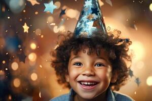 young boy smiling in party hat and holding a confetti with Generative AI photo