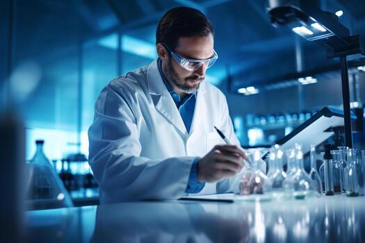 a chemistry lab man with tablet in the laboratory with photo