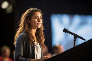 young woman giving a talk at a conference in a bright stage with photo