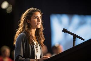 young woman giving a talk at a conference in a bright stage with Generative AI photo