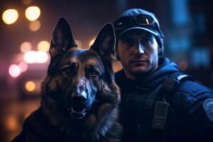 policía con su alemán Shepard con generativo ai foto