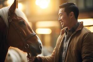 a young happy man touching a horse with Generative AI photo