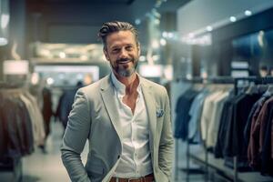 a happy man looking fashion and choosing them in a modern shopping store with Generative AI photo