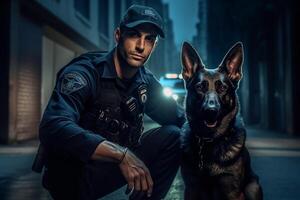 policeman with his german shepard with photo