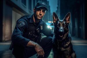 policía con su alemán Shepard con generativo ai foto