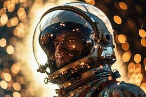 un contento astronauta hombre en espacio casco y espacio tema con generativo ai foto