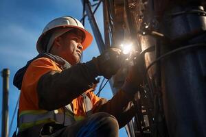 a electrician fixing power pole with photo