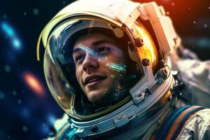 a happy astronaut man in space helmet and space theme with Generative AI photo