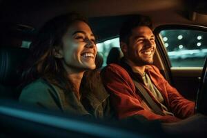 joven Pareja sonriente en coche conducción con generativo ai foto