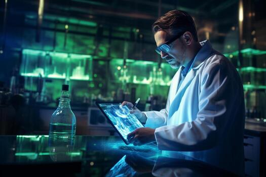 a chemistry lab man with tablet in the laboratory with photo