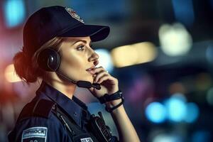 female police officer speaking on the radio with police car behind her with Generative AI photo