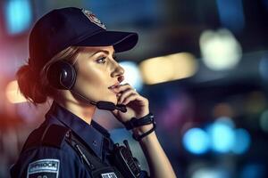 female police officer speaking on the radio with police car behind her with photo