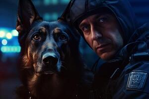 policeman with his german shepard with photo