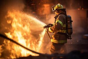 firefighter spraying hose on the fire at fire with Generative AI photo