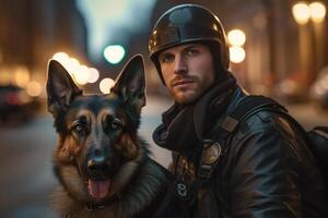 policeman with his german shepard with Generative AI photo