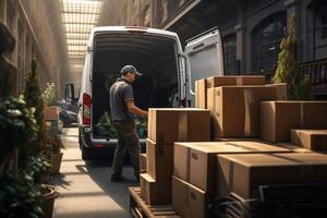 a man loading a van loading boxes with an unloading truck with Generative AI photo