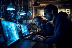 three scientists working on advanced computer program with photo