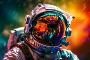 a happy astronaut man in space helmet and space theme with Generative AI photo