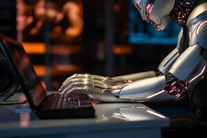 a person is using an artificial hand on their computer with photo