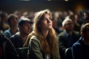 students listening to lecture at a lecture theatre with photo