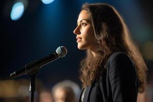 young woman giving a talk at a conference in a bright stage with photo