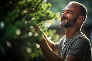 a happy man is thinning and trimming tree with Generative AI photo