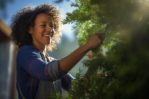 un contento mujer es adelgazamiento y guarnición árbol con generativo ai foto