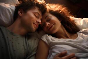 happy couple sleeping on a bed in romantic mood with photo