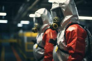 two engineering workers in protective suit standing in a factory with Generative AI photo