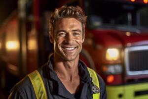 a smiling male firefighter in front of the fire truck with Generative AI photo